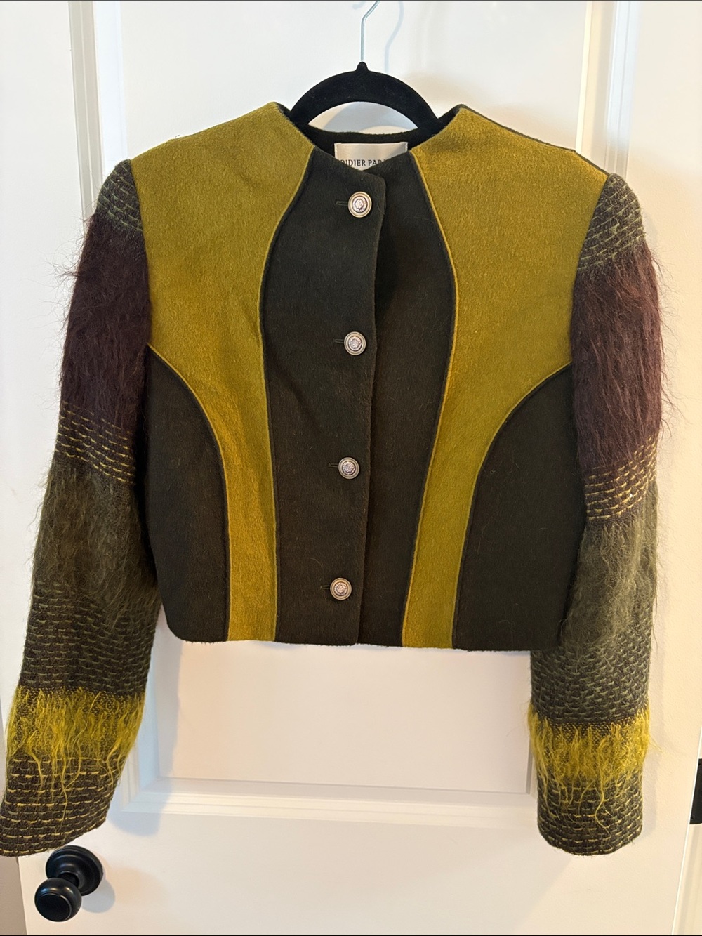 PARAKIAN French designer Structured Cropped wooly Blazer in Olive & Mustard
